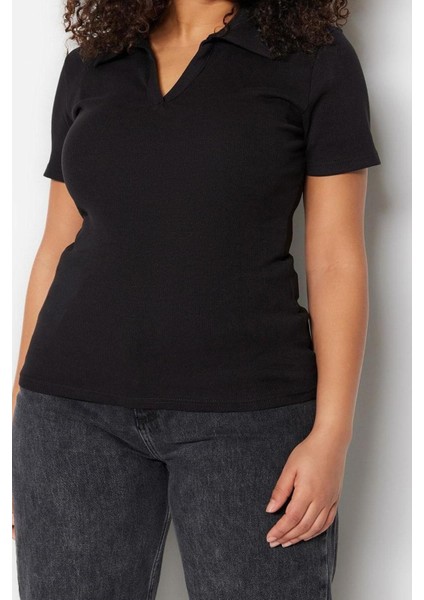Moda Büyük Beden Polo Yaka Örme Regular Düz Desen Casual Günlük Crop Kısa Kol Bluz