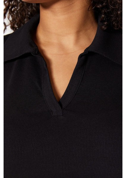 Moda Büyük Beden Polo Yaka Örme Regular Düz Desen Casual Günlük Crop Kısa Kol Bluz