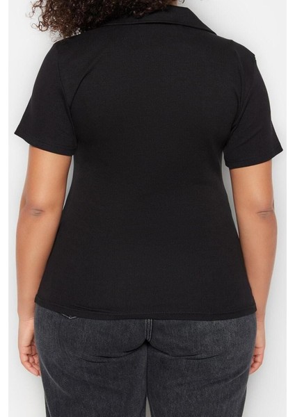 Moda Büyük Beden Polo Yaka Örme Regular Düz Desen Casual Günlük Crop Kısa Kol Bluz
