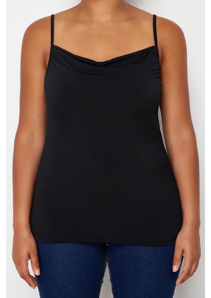 Moda Büyük Beden Degaje Yaka Örme Fit Düz Desen Casual Günlük Regular Askılı Kol Bluz