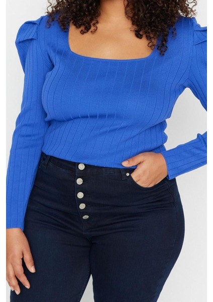 Moda Büyük Beden Kare Yaka Triko Fit Düz Desen Casual Günlük Regular Uzun Kol Bluz fiyatları