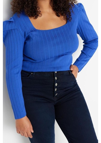 Moda Büyük Beden Kare Yaka Triko Fit Düz Desen Casual Günlük Regular Uzun Kol Bluz fırsatları