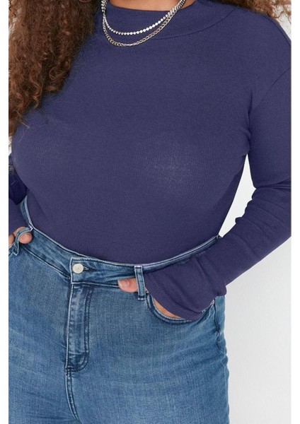 Moda Büyük Beden Dik Yaka Örme Fit Düz Desen Casual Günlük Regular Uzun Kol Bluz