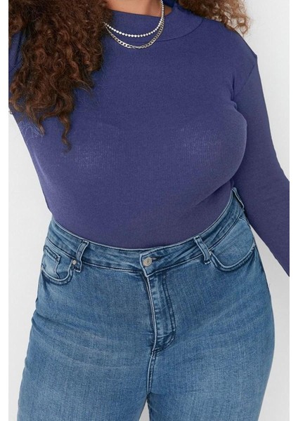 Moda Büyük Beden Dik Yaka Örme Fit Düz Desen Casual Günlük Regular Uzun Kol Bluz modelleri