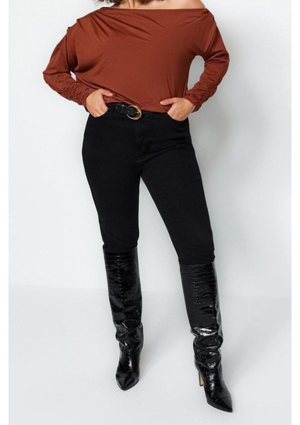 Moda Büyük Beden Asimetrik Yaka Örme Relaxed Düz Desen Casual Günlük Regular Uzun Kol Bluz