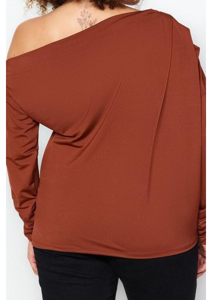 Moda Büyük Beden Asimetrik Yaka Örme Relaxed Düz Desen Casual Günlük Regular Uzun Kol Bluz indirimleri