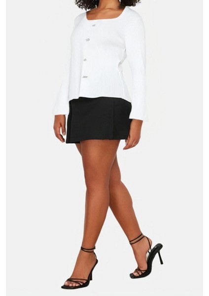 Moda Büyük Beden Kare Yaka Triko Fit Düz Desen Casual Günlük Regular Uzun Kol Bluz