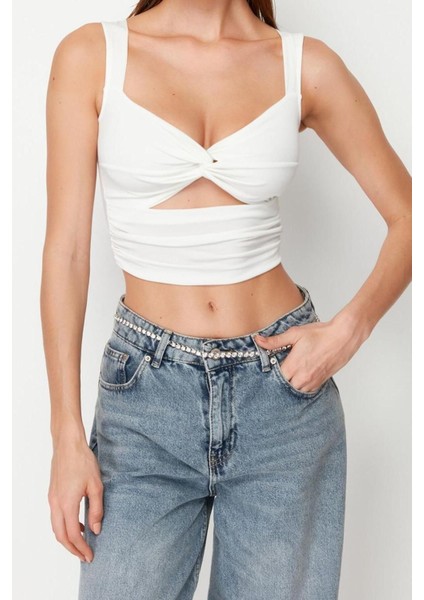 Moda Kalp Yaka Örme Fit Düz Desen Şık Gece Crop Askılı Kol Bluz fiyatları
