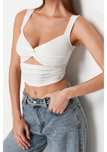 Moda Kalp Yaka Örme Fit Düz Desen Şık Gece Crop Askılı Kol Bluz modelleri