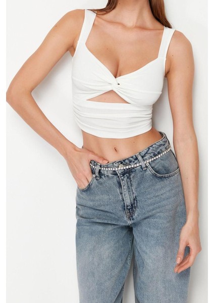 Moda Kalp Yaka Örme Fit Düz Desen Şık Gece Crop Askılı Kol Bluz fırsatları