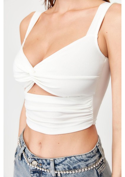 Moda Kalp Yaka Örme Fit Düz Desen Şık Gece Crop Askılı Kol Bluz indirimleri
