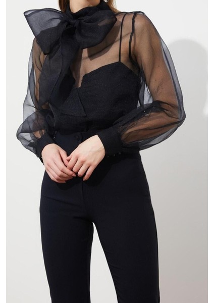 Moda Dik Yaka Dokuma Slim Fit Düz Desen Şık Gece Regular Uzun Kol Bluz