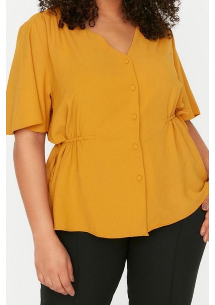 Moda Büyük Beden V Yaka Dokuma Regular Düz Desen Casual Günlük Regular Kısa Kol Bluz