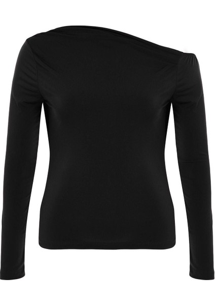 Moda Büyük Beden Asimetrik Yaka Örme Fit Düz Desen Casual Günlük Regular Uzun Kol Bluz