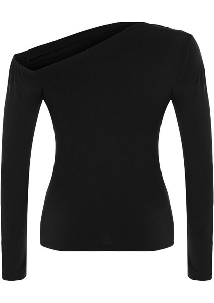 Moda Büyük Beden Asimetrik Yaka Örme Fit Düz Desen Casual Günlük Regular Uzun Kol Bluz fiyatları