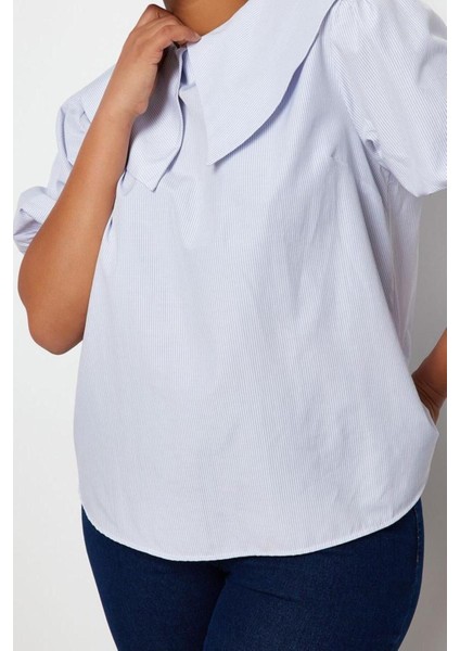 Moda Büyük Beden Bebe Yaka Dokuma Oversize Çizgili Desen Casual Günlük Regular Kısa Kol Bluz modelleri