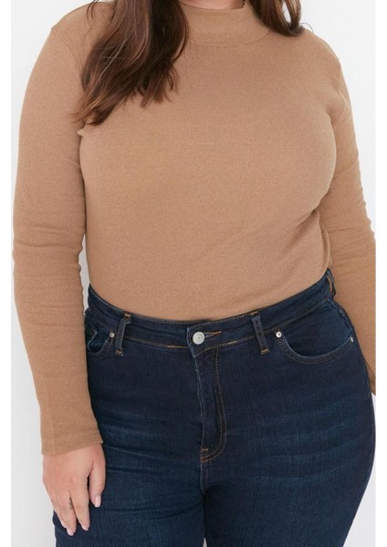 Moda Büyük Beden Dik Yaka Örme Fit Düz Desen Casual Günlük Regular Uzun Kol Bluz fiyatları