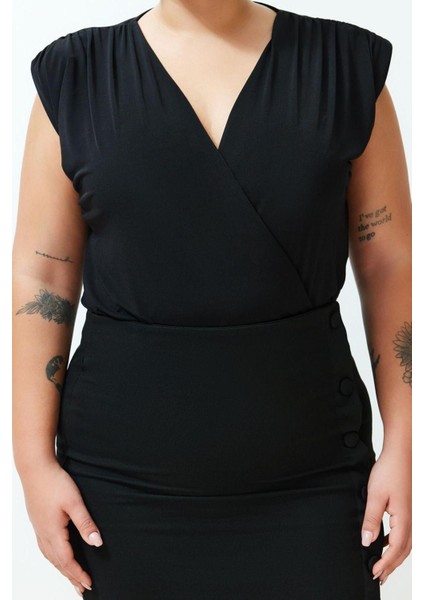 Moda Büyük Beden Kruvaze Örme Fit Düz Desen Casual Günlük Regular Kolsuz Bluz