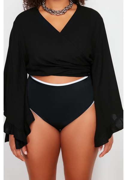 Moda Büyük Beden V Yaka Dokuma Fit Düz Desen Plaj Crop Truvakar Kol Kol Bluz