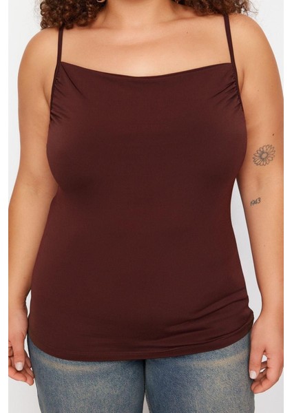 Moda Büyük Beden Degaje Yaka Örme Fit Düz Desen Casual Günlük Regular Askılı Kol Bluz