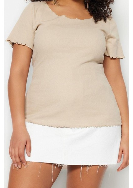 Moda Büyük Beden Kare Yaka Örme Fit Düz Desen Casual Günlük Regular Kısa Kol Bluz