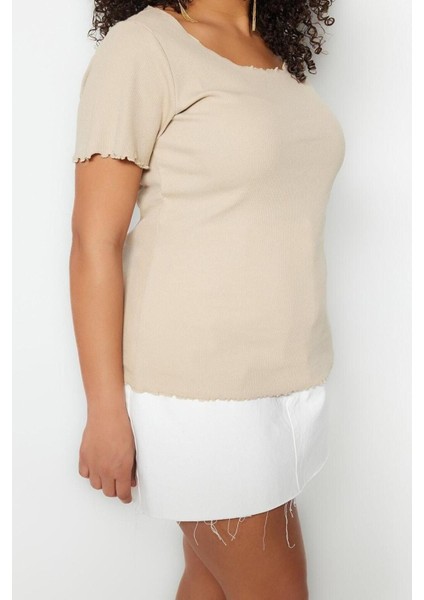 Moda Büyük Beden Kare Yaka Örme Fit Düz Desen Casual Günlük Regular Kısa Kol Bluz fiyatları