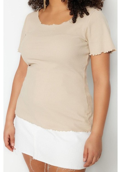Moda Büyük Beden Kare Yaka Örme Fit Düz Desen Casual Günlük Regular Kısa Kol Bluz fırsatları