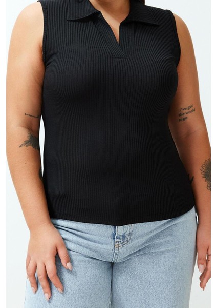 Moda Büyük Beden Polo Yaka Örme Fit Düz Desen Casual Günlük Regular Kolsuz Bluz