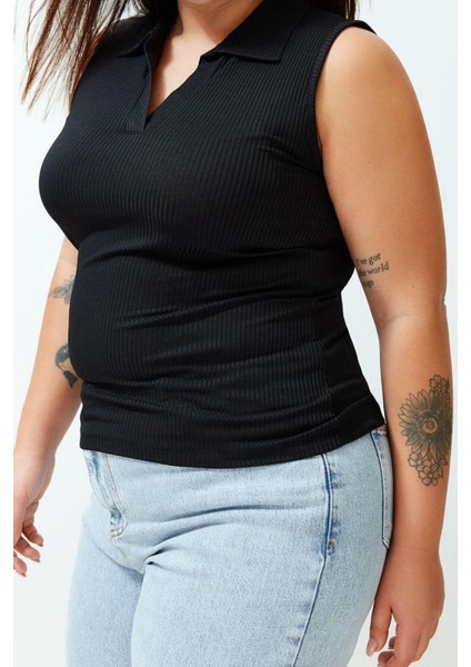 Moda Büyük Beden Polo Yaka Örme Fit Düz Desen Casual Günlük Regular Kolsuz Bluz fırsatları