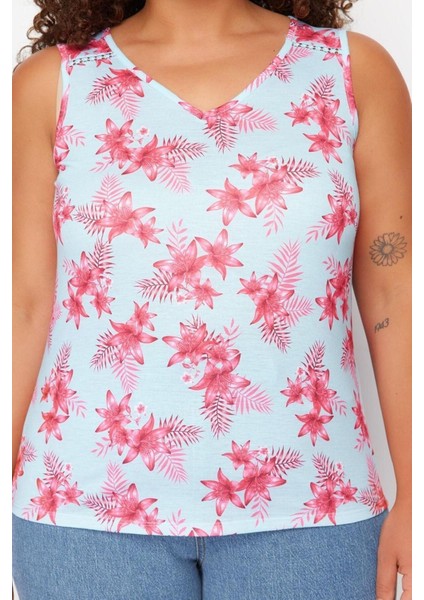 Moda Büyük Beden Bisiklet Yaka Örme Fit Çiçekli Desen Casual Günlük Regular Kolsuz Bluz