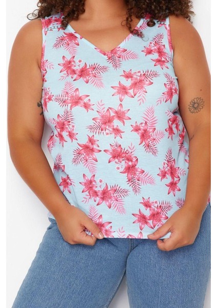 Moda Büyük Beden Bisiklet Yaka Örme Fit Çiçekli Desen Casual Günlük Regular Kolsuz Bluz