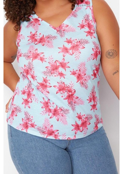 Moda Büyük Beden Bisiklet Yaka Örme Fit Çiçekli Desen Casual Günlük Regular Kolsuz Bluz