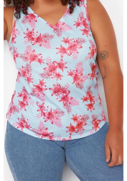 Moda Büyük Beden Bisiklet Yaka Örme Fit Çiçekli Desen Casual Günlük Regular Kolsuz Bluz