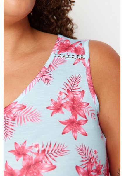 Moda Büyük Beden Bisiklet Yaka Örme Fit Çiçekli Desen Casual Günlük Regular Kolsuz Bluz