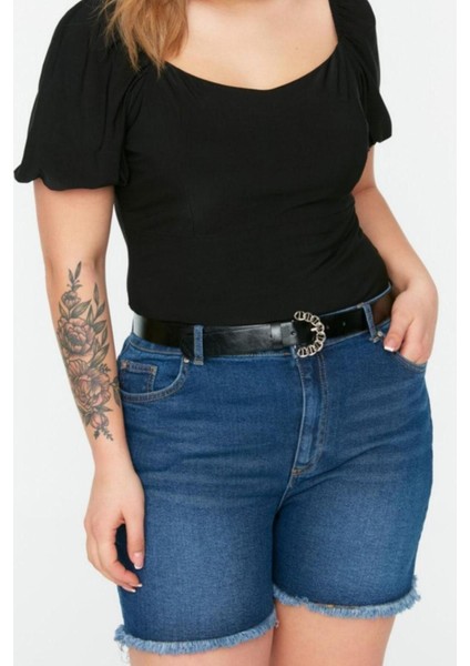 Moda Büyük Beden Kare Yaka Örme Slim Düz Desen Casual Günlük Crop Kısa Kol Bluz