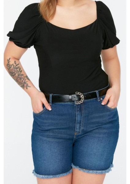 Moda Büyük Beden Kare Yaka Örme Slim Düz Desen Casual Günlük Crop Kısa Kol Bluz
