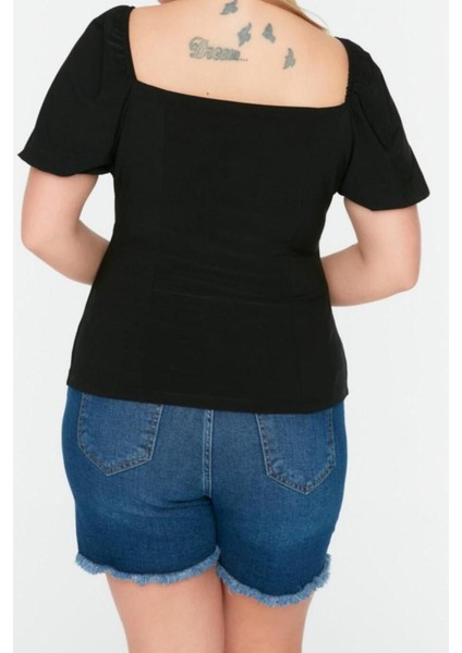 Moda Büyük Beden Kare Yaka Örme Slim Düz Desen Casual Günlük Crop Kısa Kol Bluz
