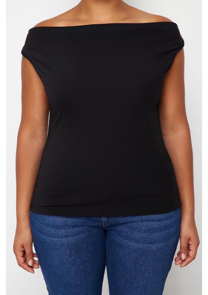 Moda Büyük Beden Kayık Yaka Örme Fit Düz Desen Casual Günlük Regular Askılı Kol Bluz
