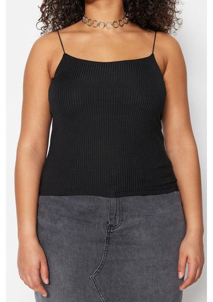 Moda Büyük Beden Kare Yaka Örme Fit Düz Desen Casual Günlük Crop Askılı Kol Bluz