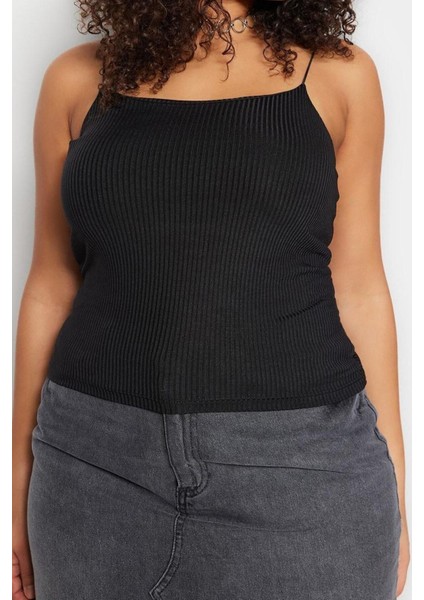 Moda Büyük Beden Kare Yaka Örme Fit Düz Desen Casual Günlük Crop Askılı Kol Bluz fiyatları