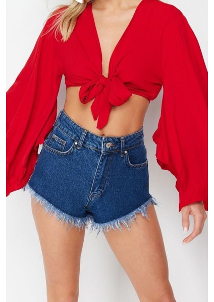 Moda V Yaka Dokuma Fit Düz Desen Plaj Crop Truvakar Kol Kol Bluz modelleri
