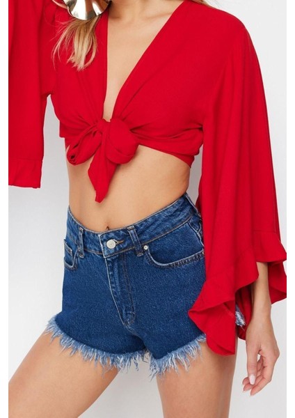 Moda V Yaka Dokuma Fit Düz Desen Plaj Crop Truvakar Kol Kol Bluz fırsatları