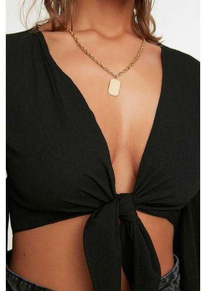 Moda V Yaka Dokuma Fit Düz Desen Plaj Crop Truvakar Kol Kol Bluz