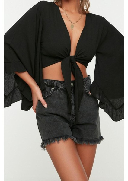 Moda V Yaka Dokuma Fit Düz Desen Plaj Crop Truvakar Kol Kol Bluz indirimleri