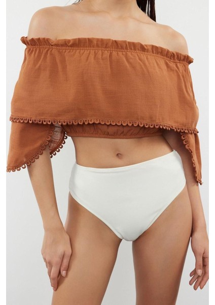Moda Kayık Yaka Dokuma Relaxed Düz Desen Plaj Crop Kısa Kol Bluz