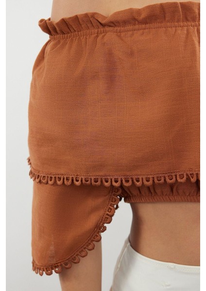 Moda Kayık Yaka Dokuma Relaxed Düz Desen Plaj Crop Kısa Kol Bluz fırsatları