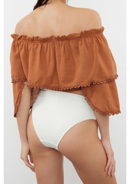 Moda Kayık Yaka Dokuma Relaxed Düz Desen Plaj Crop Kısa Kol Bluz indirimleri
