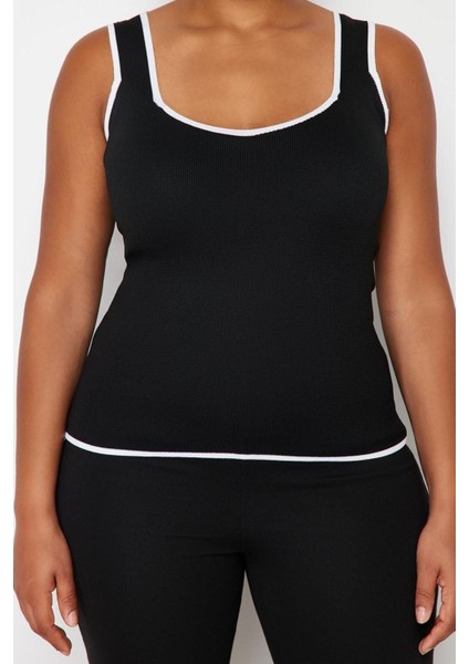 Moda Büyük Beden Kalp Yaka Triko Fit Düz Desen Casual Günlük Regular Askılı Kol Bluz
