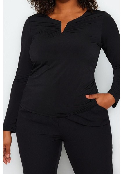 Moda Büyük Beden V Yaka Örme Fit Düz Desen Casual Günlük Regular Uzun Kol Bluz fırsatları