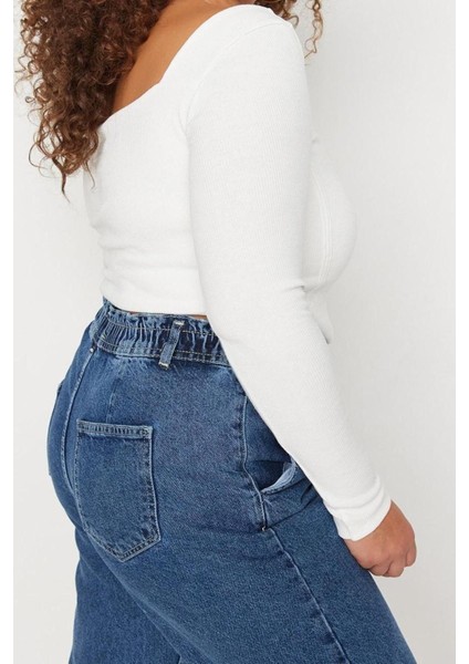 Moda Büyük Beden Kare Yaka Örme Fit Düz Desen Casual Günlük Crop Uzun Kol Bluz modelleri